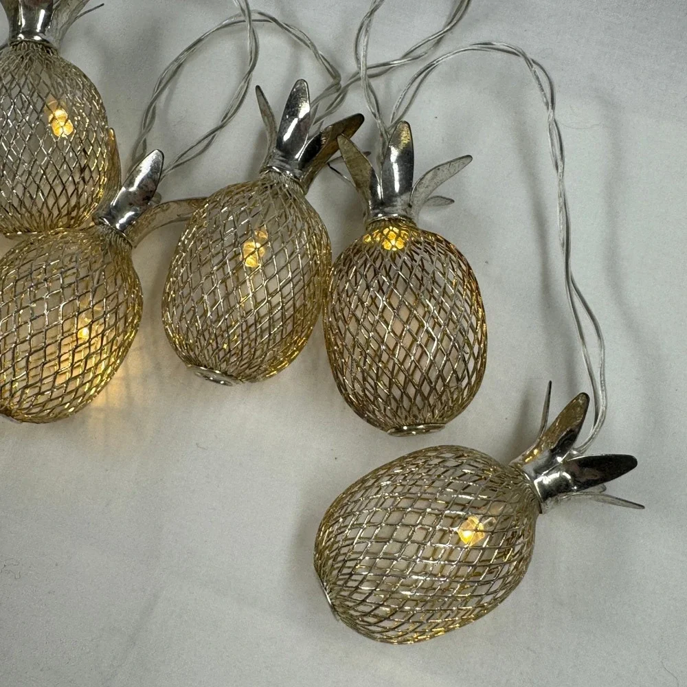 Gold Metal Mesh Pineapple String Lights Battery Operated LED Fairy Lights 10ct